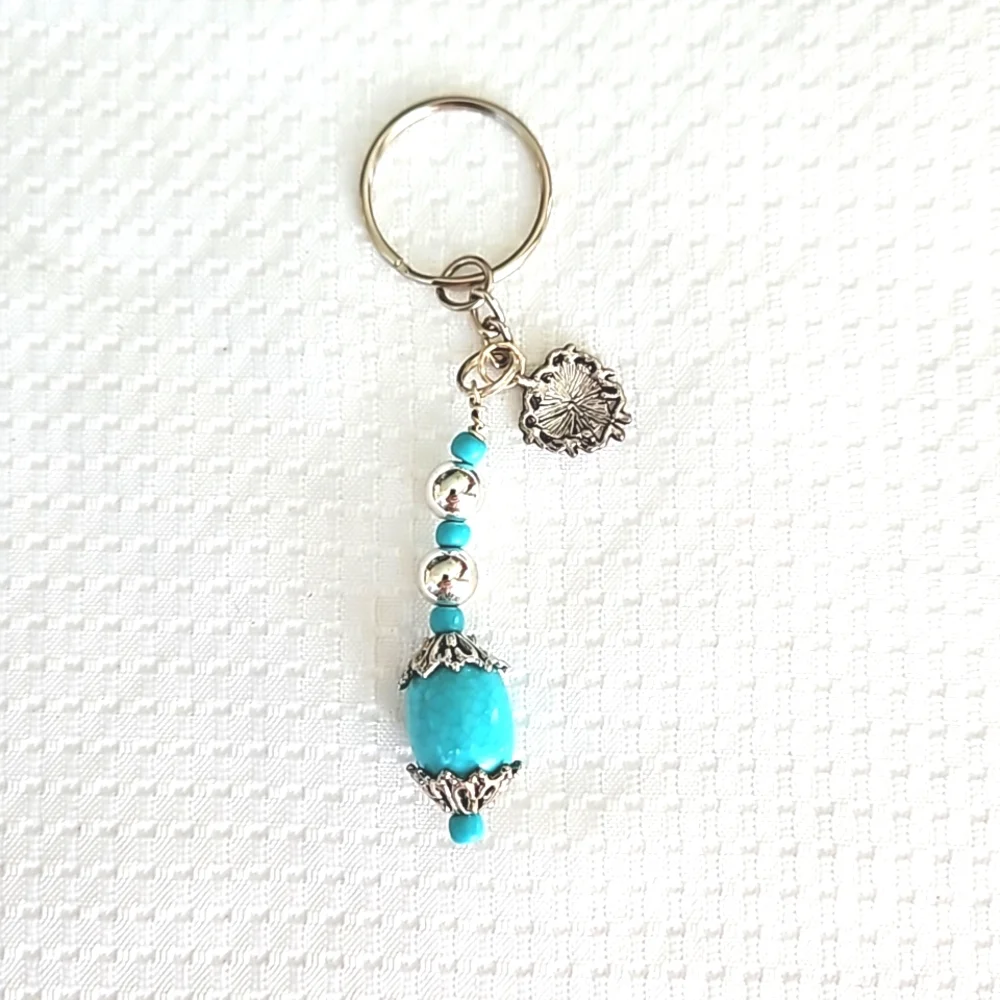 Elegant Turquoise Stone Silver Heart Keychain Keyring Handmade